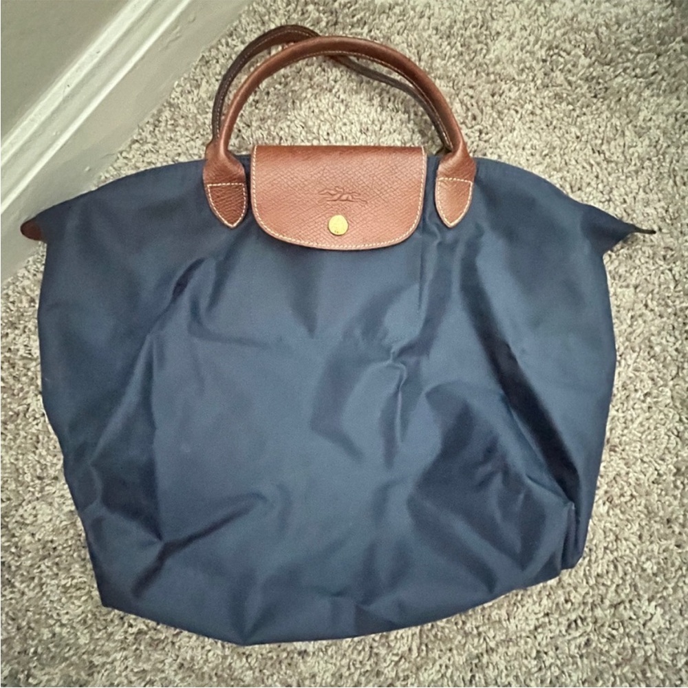 LONGCHAMP Le Pliage Medium Nylon Hand Bag Tote Navy Blue With Small Handles